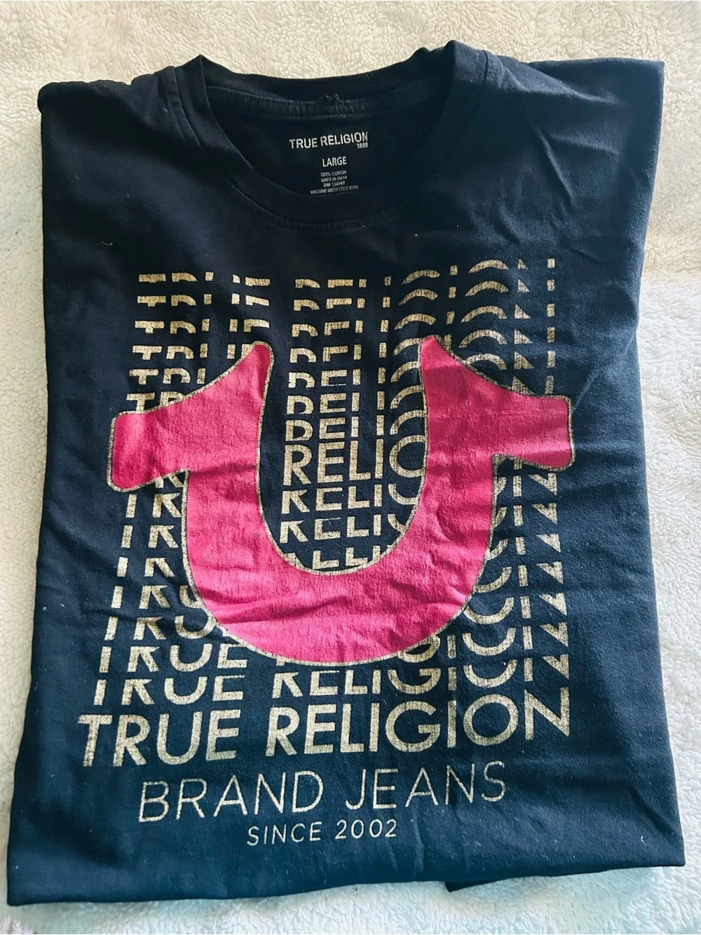 True Religion Black Tee with Pink Horseshoe and Gold Logo